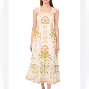 CeCe White Floral Tiered Sundress with Pink and Olive Print